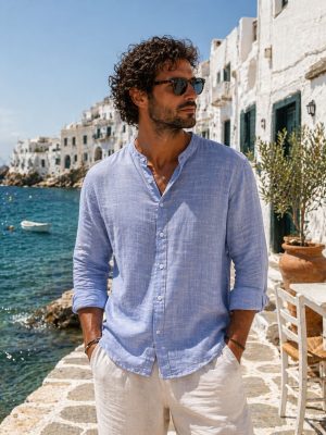 camisa hilo cuello mao manga larga