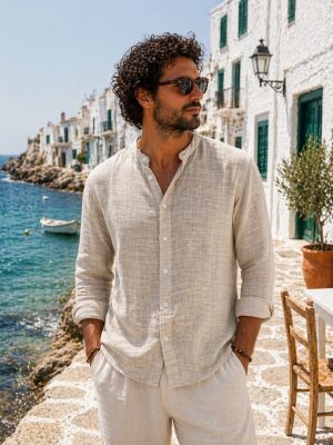 camisa hilo cuello mao manga larga