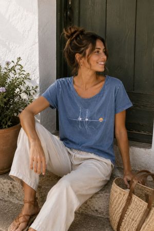 camiseta barcos reflejo mujer - S