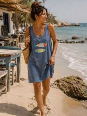 vestido playero algodón peces - M